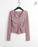 Tully Bokashi Shirring Ribbed Collar Button Long Sleeve Cardigan