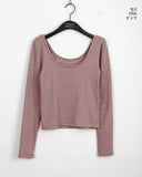 Jitel Vintage Stripe Deep U Neck Long Sleeve T-Shirt