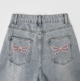 Pink Ribbon Embroidery Point Light Blue Wide Denim Pants