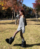 [wool40%] Poly mohair balloon off-shoulder knit