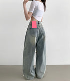 Destroyed Jeans Pleated Side Pin Tuck Balloon Wide Fit Pants