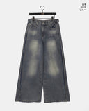 Binden side pin tuck back pocket wide denim pants
