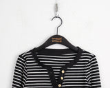 Mihoo Vintage Stripe Button Pocket Long Sleeve T-Shirt