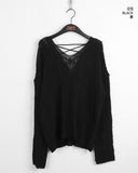 Summit Punching Two-Way Eyelet Back Strap V-Neck Overfit Long Sleeve Knit