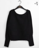 Letzel Cashmere Wool Unbalance Deep U Neck Off Shoulder Crop Long Sleeve Knit