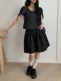 Henry Ribbon Pintuck Shirring Square Short Sleeve Blouse