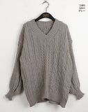 Length cable V-neck loose fit long long sleeve knit