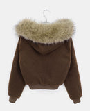Rurin fluffy fur quilted short hood zip-up