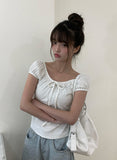 Soso Ribbon Dot Puff Cap Sleeve Short Sleeve T-Shirt