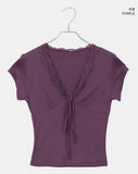 Dyeing V-neck Ribbon See-through Short Sleeve T-shirt