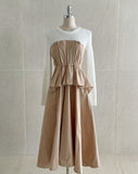 Rail Color Matching Knit Shirring Pin Tuck Flare One Piece