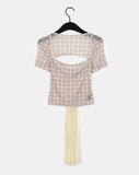 Botte Lace Ribbon Back Slit Checkered Mesh Short Sleeve T-shirt