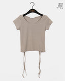 Dessa Back Slit Ribbon Ribbed U-Neck Short Sleeve T-Shirt