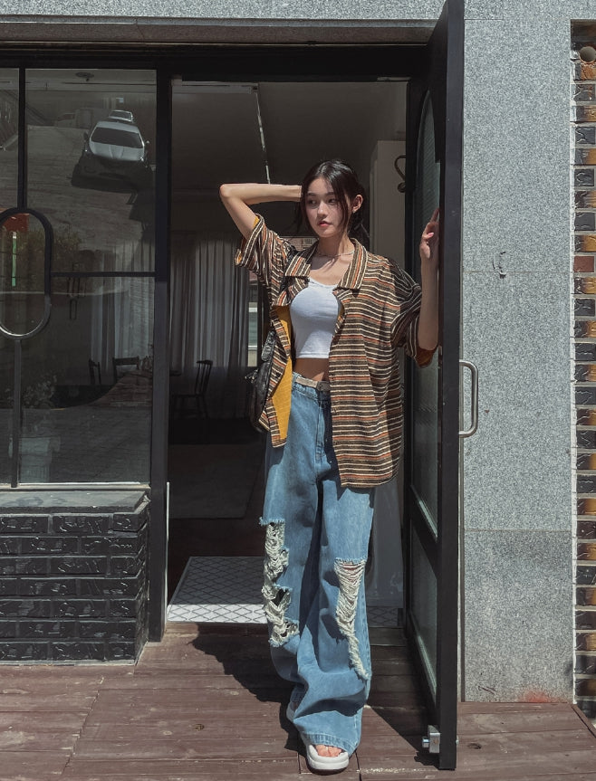 【U LAN】muse wide damage denim pants U LAN (ユーラン) - ミューズワイドダメージデニムパンツ / muse