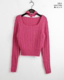 [Choker Set] Ruckle Wool Square Neck Ribbed Long Sleeve Knit