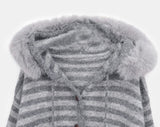 Levin Stripe Drop Knit Fur Hooded Cardigan