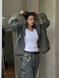 Damage Two Way Denim Hooded Jacket