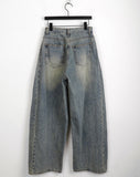 Kibe Side Pintuck Balloon Fit Vintage Washing Long Wide Denim Pants