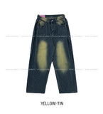 Side pin tuck washed wide denim pants