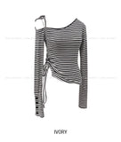 Delitte Stripe Unbalanced Shoulder Long Sleeve