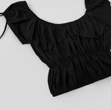 Lovely Hip Shoulder Ribbon Banding Off-shoulder Short Sleeve Blouse