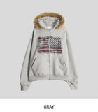America Dirty Printing Brushed Fur Hood Zip-Up