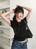 Taron String Side Slit Ribbon Strap Short Sleeve T-Shirt