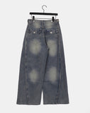 Binden side pin tuck back pocket wide denim pants