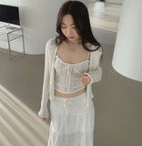 Lovely Lace Ribbon Punching Sleeveless Cardigan Set