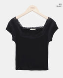 Vucky Lace Square Neck Slim Short Sleeve T-shirt