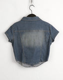Markle pocket slim washed denim cropped short-sleeved shirt