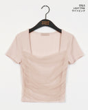 Loran mesh see-through shirring square neck short-sleeved T-shirt