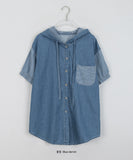 Rinta Stripe Color Matching Denim Hood Short Sleeve Shirt