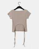 Dessa Back Slit Ribbon Ribbed U-Neck Short Sleeve T-Shirt