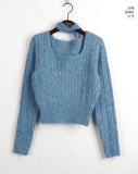 [Choker Set] Ruckle Wool Square Neck Ribbed Long Sleeve Knit