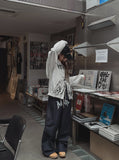 lettering denim wide banding pants