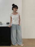 Soso Ribbon Dot Puff Cap Sleeve Short Sleeve T-Shirt