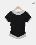 Poson Color Matching Shirring Short Sleeve T-shirt
