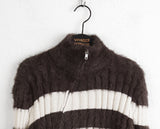 Near angora fur color matching stripe two-way diagonal zipper long sleeve knit