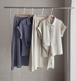 [Two Piece] Duere Linen Wrap Collar Shirt Long Skirt