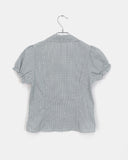 Pique Check V-Neck Shirring Puff Short Sleeve Blouse