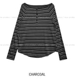 Dien Button Stripe Boat Neck Long Sleeve