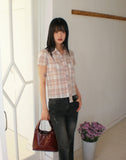 [MADE/TieSET] Canding Check Tie Collar Puff Short Sleeve Shirt Blouse