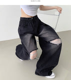 Destroyed Jeans Pleated Side Pin Tuck Balloon Wide Fit Pants