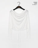 Mebel Shirring Off-Shoulder Back Slit Ribbon Strap Long-Sleeved T-Shirt