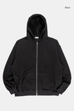 Unbalance rib banding fleece hood zip-up