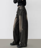 Unique Cut Line Damage Point Balloon Wide Denim Pants