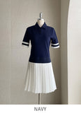 Delun Color Matching Collar Pleated Banding One Piece