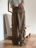 Zuri Y2K Washing Suede Cargo Back Banding Long Wide Pants