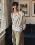 Top two-tone layered henley neck long-sleeved T-shirt